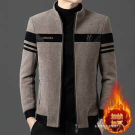 秋冬潮流加绒加厚夹克外套潮男拼接拉链时尚百搭男士呢子立领夹克