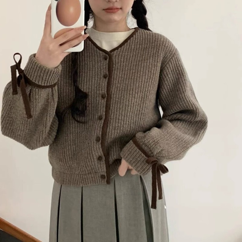 韩系甜美风短款针织开衫女秋冬季设计感小众系带毛衣外套外搭上衣|undefined