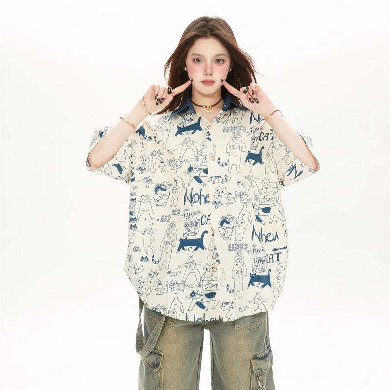 Harajuku Style Hand-Painted Cat Graffiti Short-Sleeved Shirt for Women Summer Retro Loose Casual Couple Half-Sleeved Shirt Ins