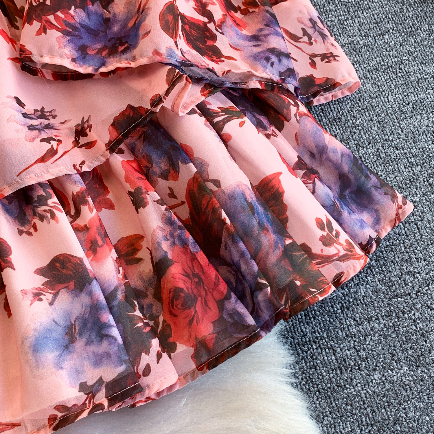 Floral Print Sweetheart Dress for Women with Bow Tie round Neck Flutter Sleeves Waist Tie Ruffled Hem Versatile Design_ecoleips.com