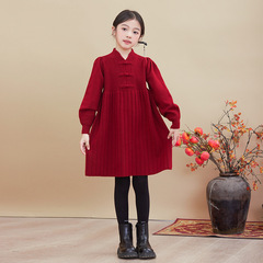 加絨女童針織毛衣裙子中式盤扣大童拜年服連衣裙秋冬季兒童新年裝