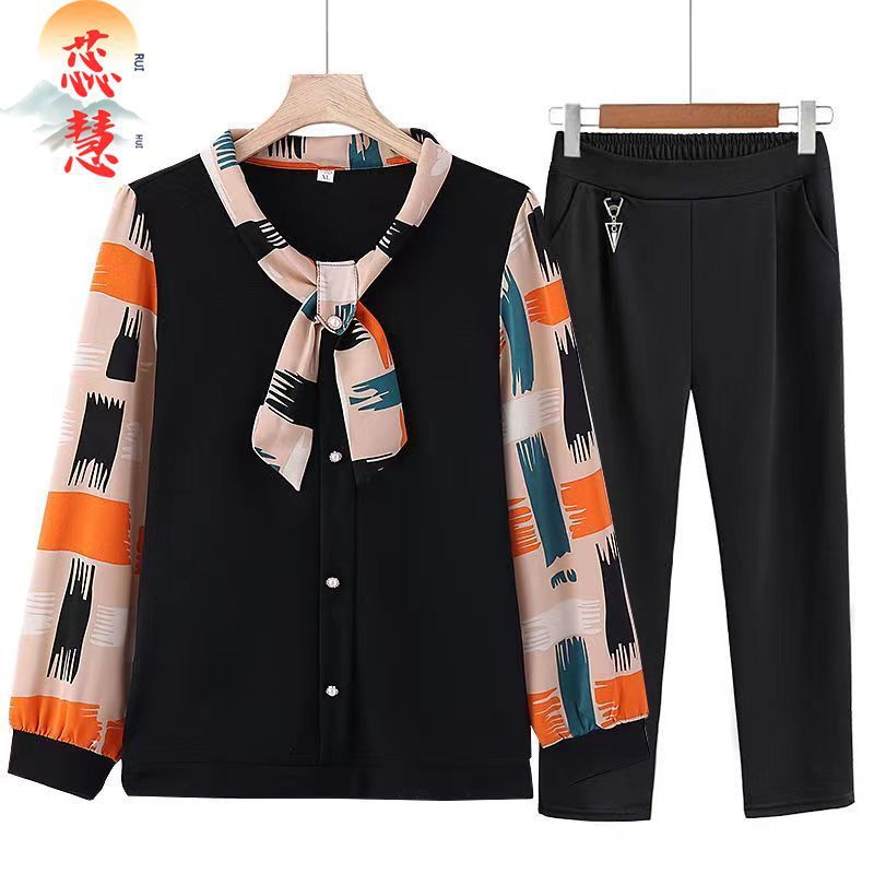 中年妈妈装春秋套装上衣长袖长裤衬衫新款中老年女装早秋套装