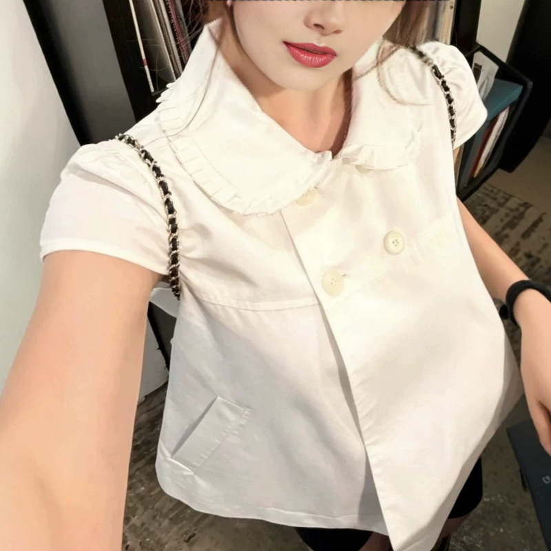 Tomato Hero Style Lyocell White/Denim Blue Doll Collar Blouse for Women with Ruffled Short Sleeves Shirt Top
