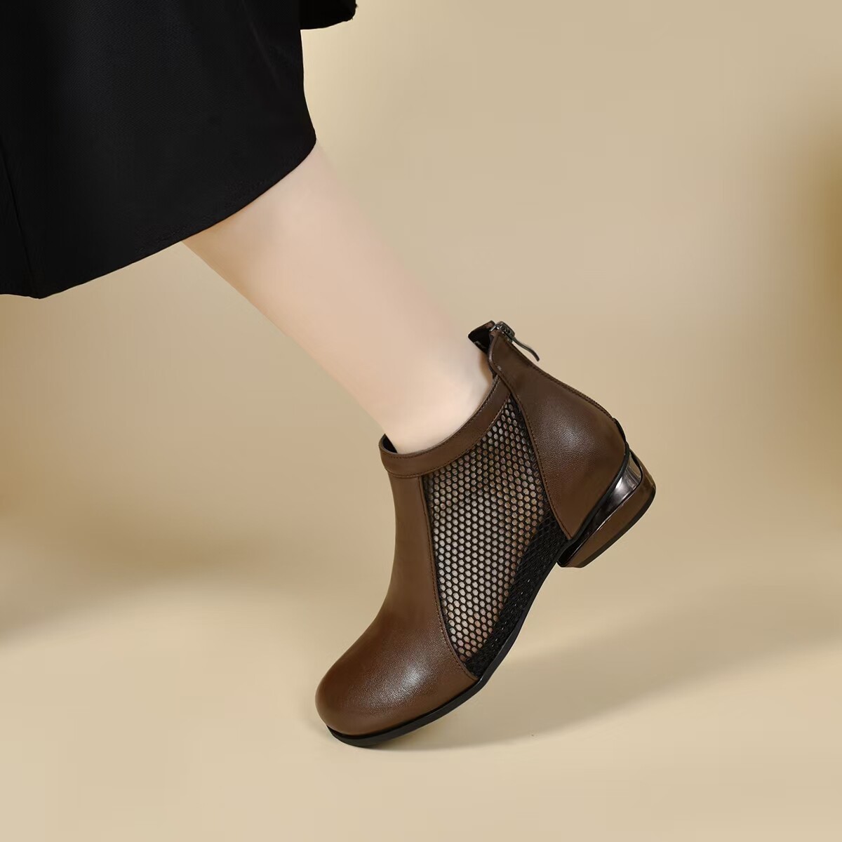 Sandal nữ mũi tròn lưới da thật gót thô đế mềm thoáng khí — màu nâu chi tiết 7