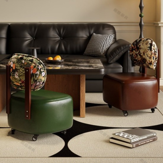 Chinese-Style Small Low Stool with Swivel Wheels, Smooth Sliding Stool with Backrest, Living Room Sofa Stool, Solid Wood Shoe-Changing Stool, Small Bench