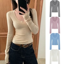 温柔风韩系u领针织打底衫女秋冬季高级感低领修身内搭毛衣小上衣