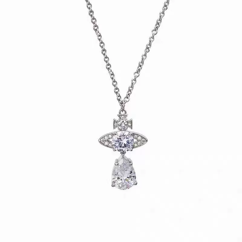Pendant Necklace (Vivienne) Queen Mother Saturn design, pink crystal teardrop, clavicle chain