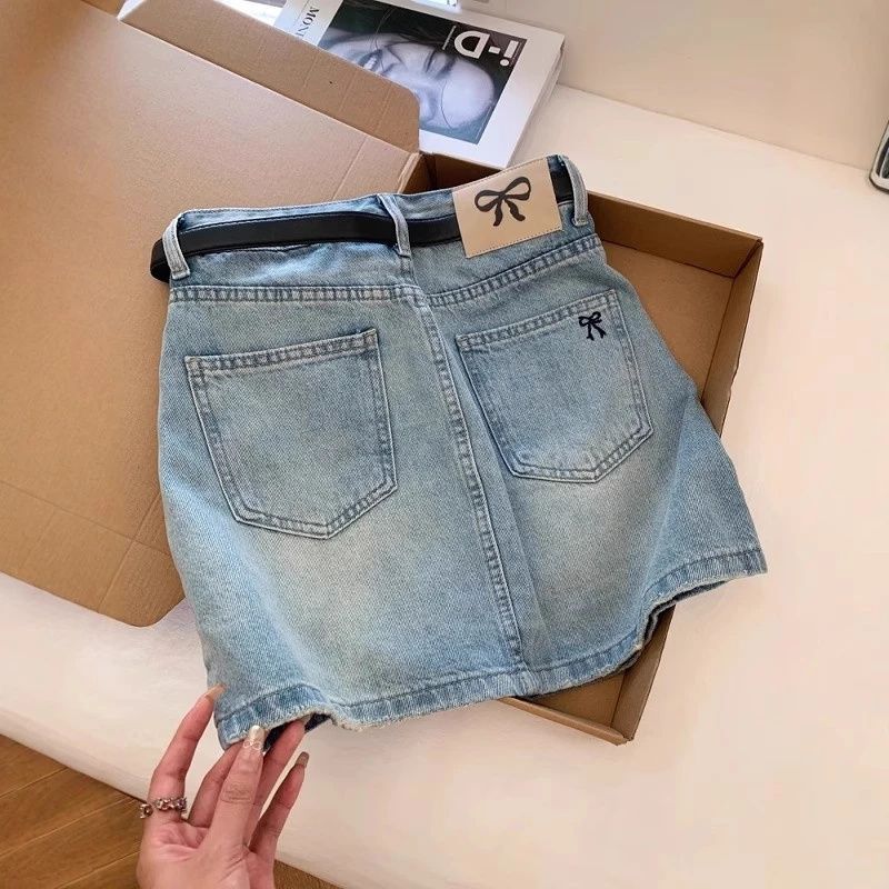 Retro summer denim skirt with bow