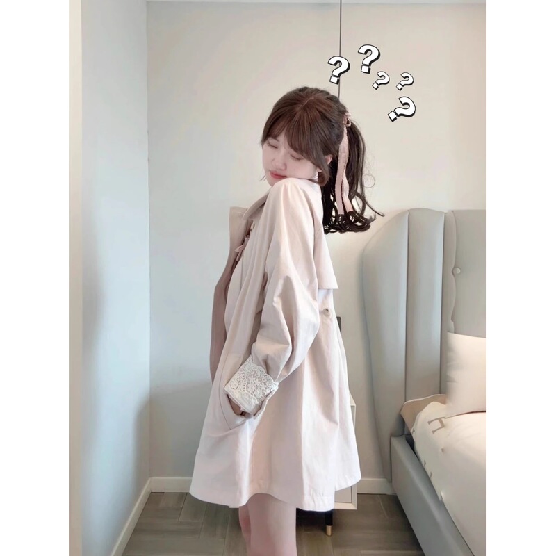 Korean Mid-Length Pink Windbreaker Jacket for Women in Autum British Style Design Niche Lace Splicing Cape Cardigan