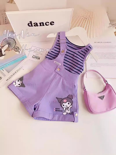 Summer new style girls two-piece suit striped vest shoulder strap shorts cartoon print fashion Kuromi