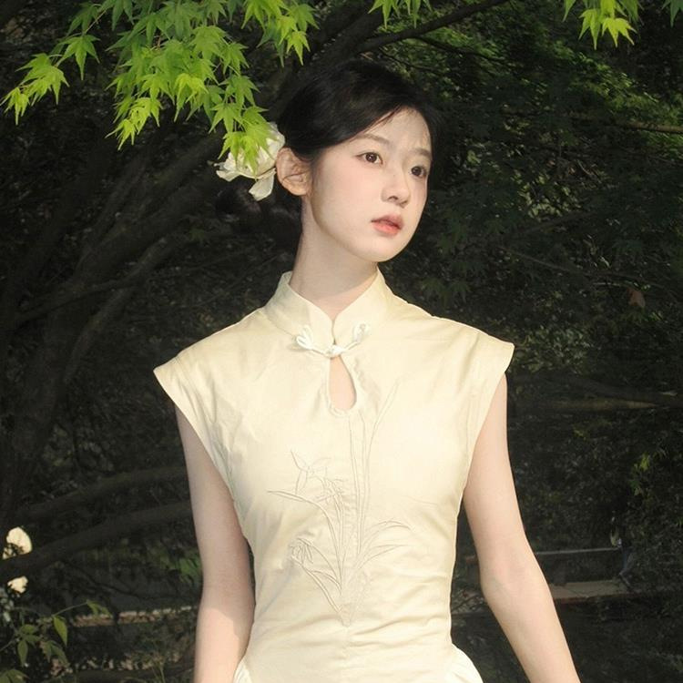 夏季改良旗袍兰花刺绣连衣裙女高级感禅意新中式收腰显瘦长裙子