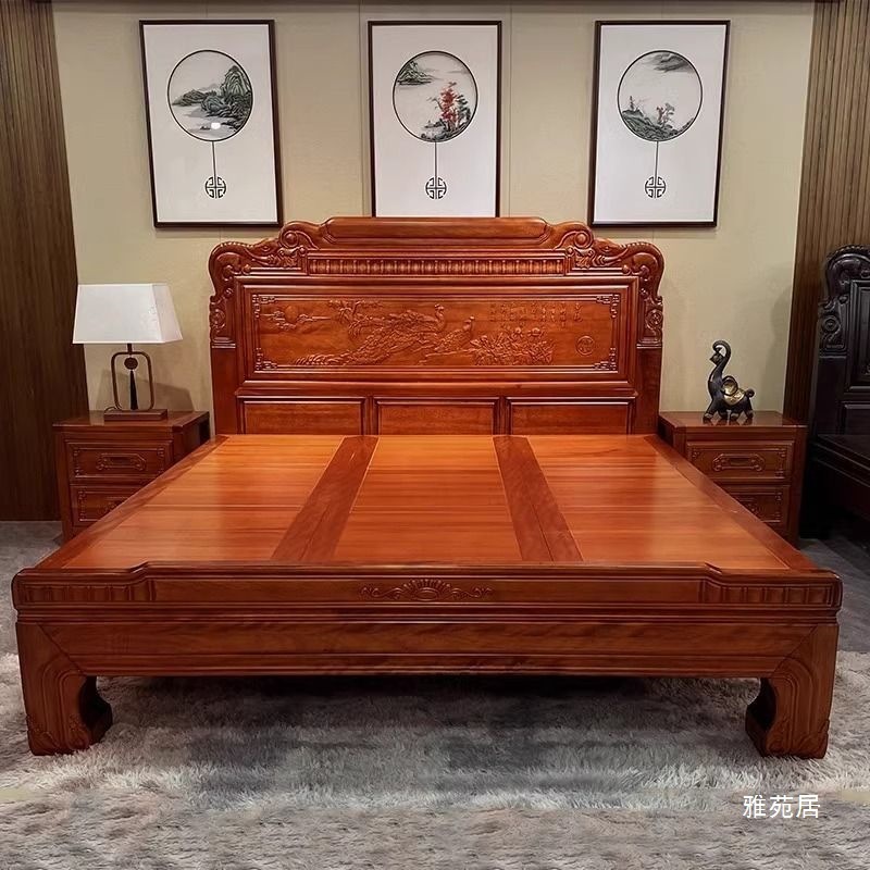 金花梨木全实木床榫卯结构老虎脚1.8米1.5米加厚明清古典雕花中式|undefined