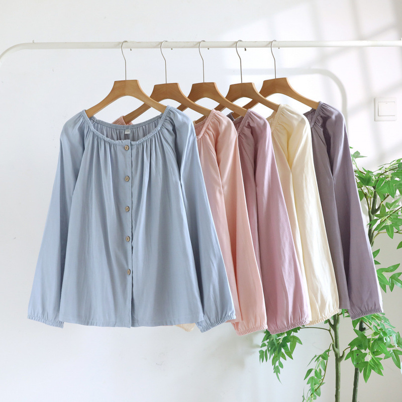 Pure Cotton Gauze Pajamas Women's Top Single Piece Long-Sleeved Loungewear Loose Full Cotton Linen Double-Layer Spring and Autumn Thin Style for Outerwear