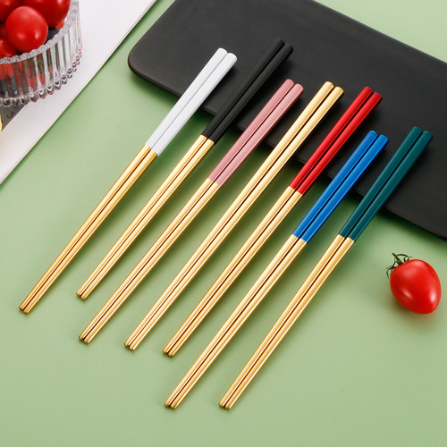 304 stainless steel chopsticks for household use per person, one chopstick 23CM metal thickened non-slip gold-plated full square long chopsticks wholesale