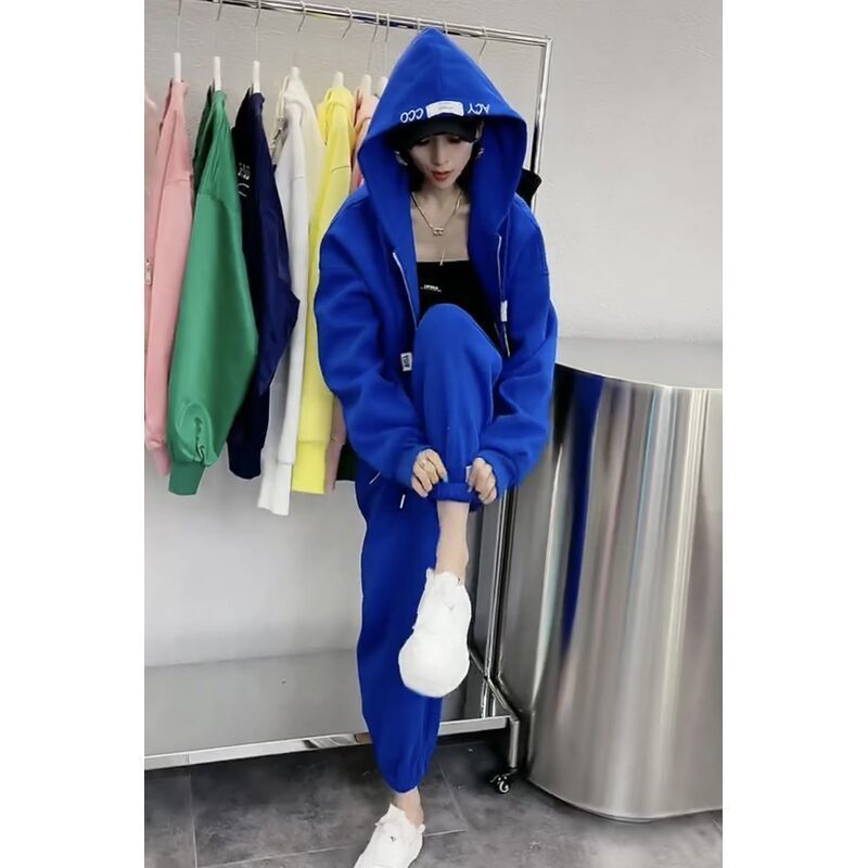 胖MM特大码休闲运动套装女秋冬季宽松显瘦高腰束脚裤连帽时尚2件|undefined