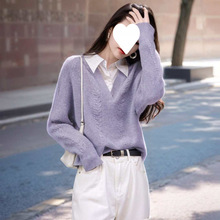 W3T云朵线衫25秋简约风通勤拼接翻领舒柔纤绒纱遮肉针织衫女上衣