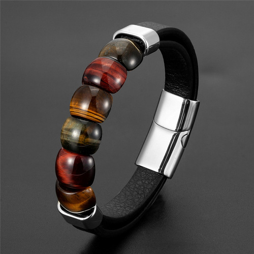 Cross-border fashion men's stainless steel multi-layer leather bracelet tiger's eye stone bead bracelet direct from the workshop wholesale