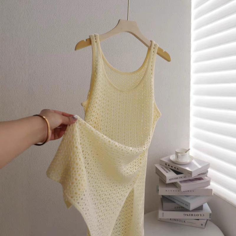 Hollow Knitted Sweater Slip Strap Split Vesel Skirt Korean Style Loose Sleeveless Midi Blouse Split Knitted dress Hollow Knitted Sweater Slip Strap Split Vesel Skirt Korean Style Loose Sleeveless Midi Blouse Split Knitted dress