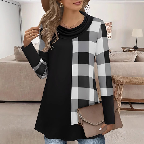 Autumn and winter Europe and America temu independent station supply large size double-collar women's long-sleeved T-shirt