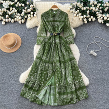 法式复古时尚印花长袖单排扣绑带收腰连衣裙女2025秋季高级感长裙