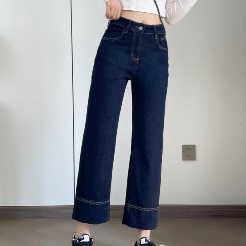Warm and stylish! Fleece warm fleece 2023 Winter high waist loose straight jeans women's slim leg straight cropped pants