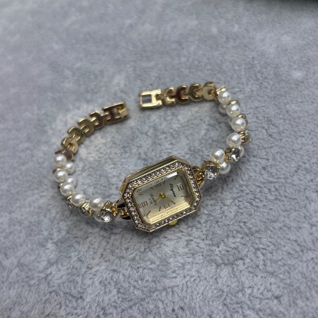 Korean Style Fashionable Elegant Diamond-encrusted Square Pearl Bracelet Watch Ins Style Niche Light Luxury Women's Watch Student Watch