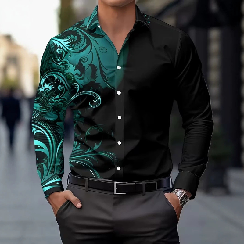 Men's Lapel Long Sleeve Shirt Asymmetrical Baroque Scroll Print Shirt European and American Business Party Casual Men's Wear Men's Lapel Long Sleeve Shirt Asymmetrical Baroque Scroll Print Shirt European and American Business Party Casual Men's Wear