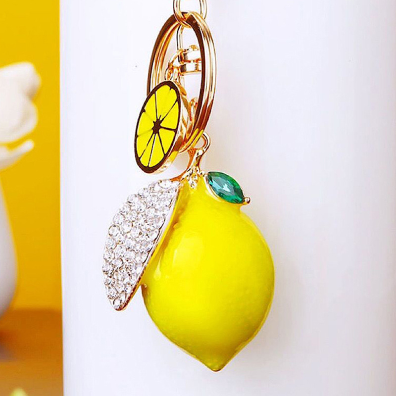 Creative Cute Diamond-encrusted Fruit Lemon Car Keychain Women's Bag Pendant Metal Key Chain Cartoon Gift