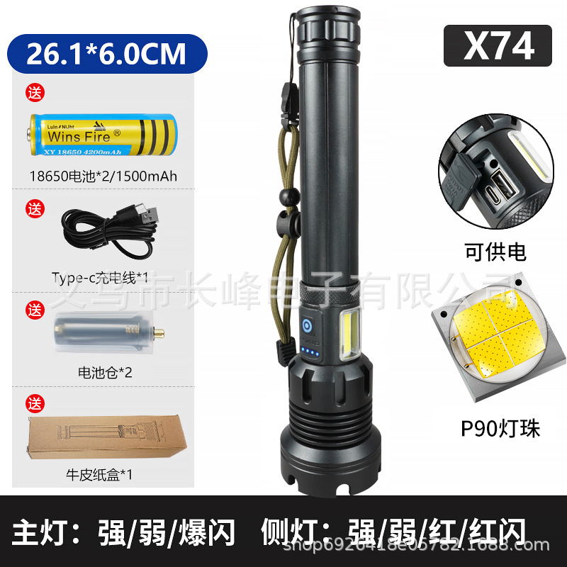 Linterna de luz fuerte transfronteriza P90, linterna recargable con zoom telescópico de aleación de aluminio, iluminación de largo alcance al aire libre, luz de pesca nocturna