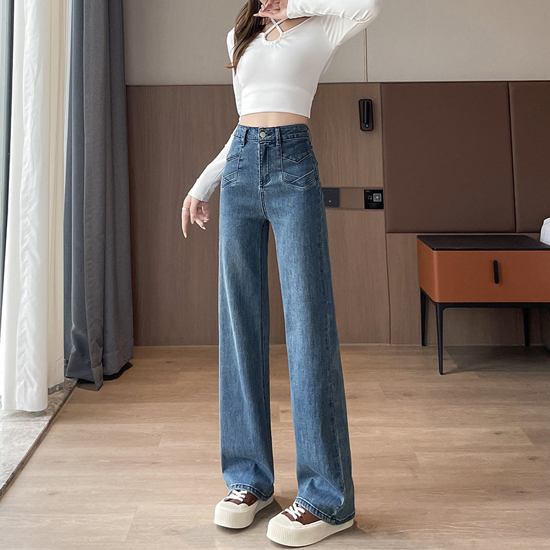 复古牛仔裤女春秋季2025新款高腰显瘦宽松百搭直筒垂感九分阔腿裤|undefined