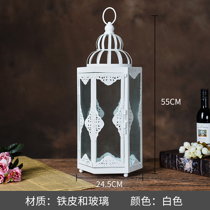 Blanco boda candelabro linterna boda carretera plomo accesorios atmósfera lámpara Marruecos viento lámpara decoración a prueba de viento vela pantalla