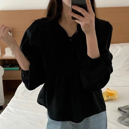 Korean Chic Spring Gentle and Graceful V-Neck Tie-on Ruffle Design Puff Sleeve Loose Solid Color Shirt 
