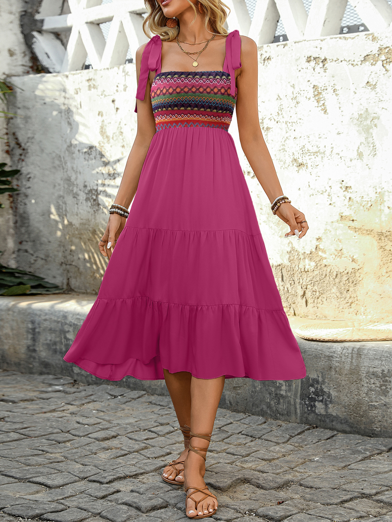 Ethnisches Patchwork Trägerrock Set Für Damen Im Sommer Look_voghion.com