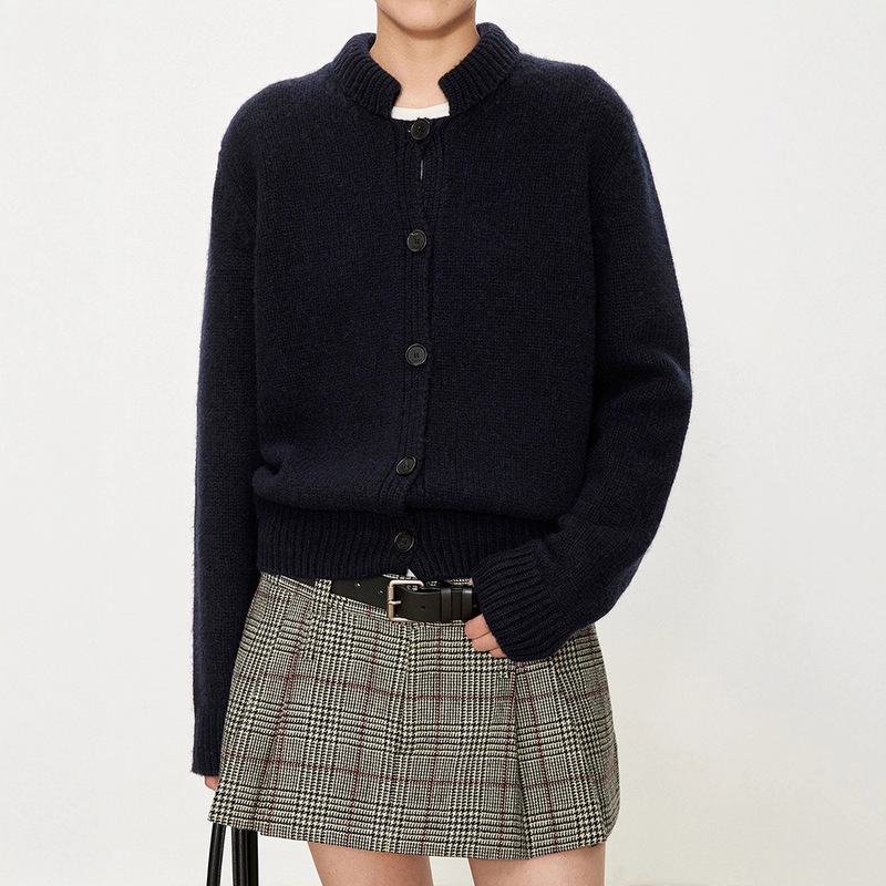 Th~Row British Wool-Like Thick Stick Needle Retro Style Folded Small Stand Collar Fruit Button Jacket Style Cardigan