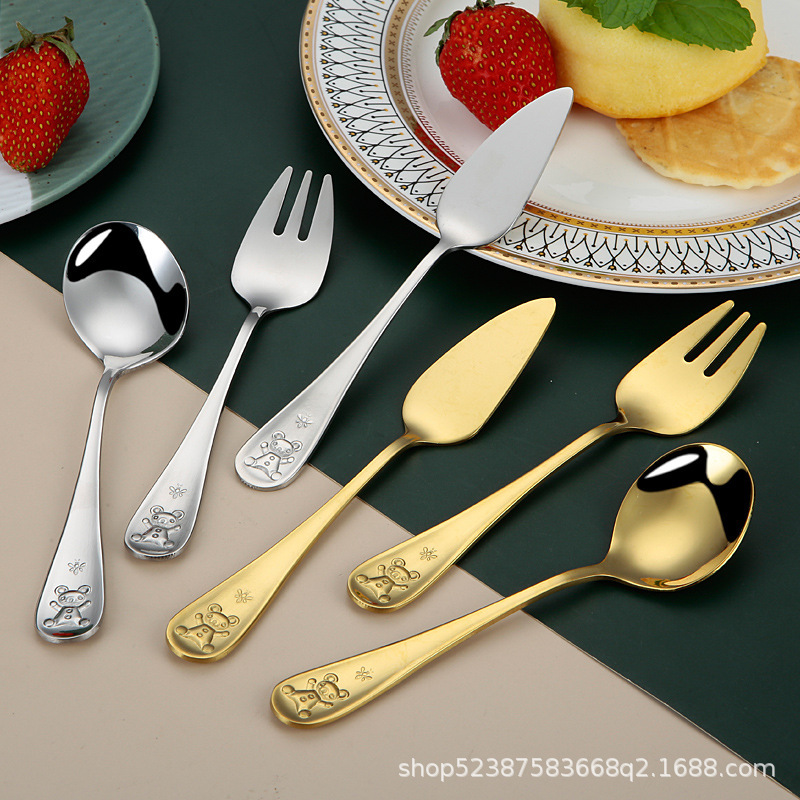 Trendy Cake Knife, Fork, and Spoon Set, Multi-Purpose Food-Grade Knife, Fork, and Spoon Set, 304 Stainless Steel Cartoon Children's Knife, Fork, and Spoon Set