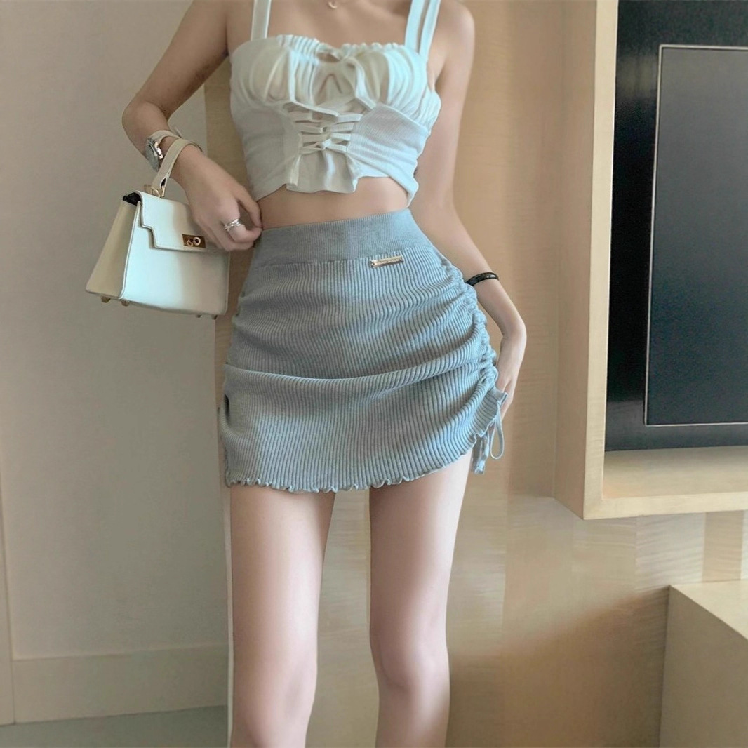 Autumn New Hot Girl Pure Desire Gray Curled Pleated Skirt Small Fragrant Chic Hip-Hugging A-Line Short Skirt for Women
