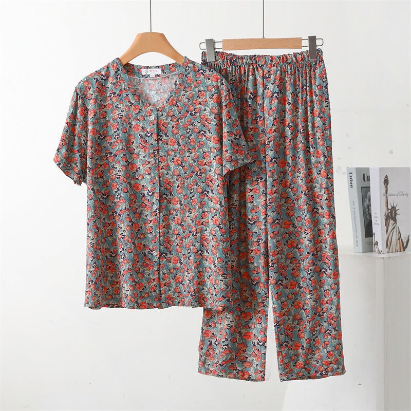 Cotton Silk Short-sleeved suit Cardigan Pajamas Pajamas suit Women's Summer Thin plus size Top Artificial Cotton Home Clothes Suit