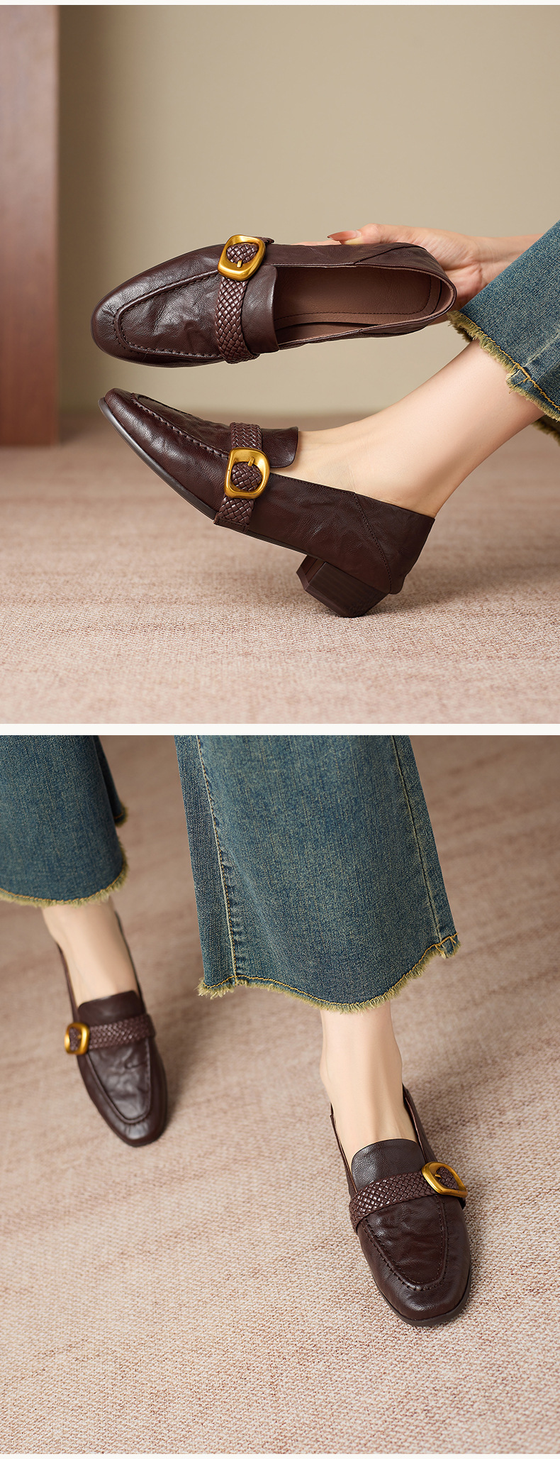 Giày lười nữ mũi vuông da cừu gót thô phong cách vintage khóa dệt — màu nâu chi tiết 7