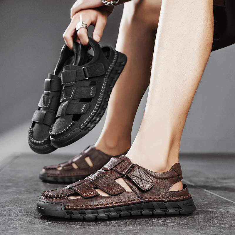 Итальянские летние сандалии для мужчин, мягкая подошва, дышащие, с перфорацией, пляжная обувь, экспортная торговля.