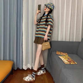 韩版夏季新款休闲运动服套装女学生条纹宽松短袖短裤时尚两件套潮