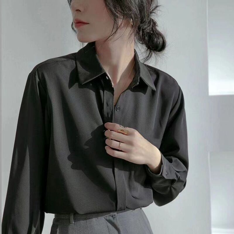 黑色衬衫女春秋薄款港风设计感小众垂感衬衣外套防晒上衣白色工服|undefined