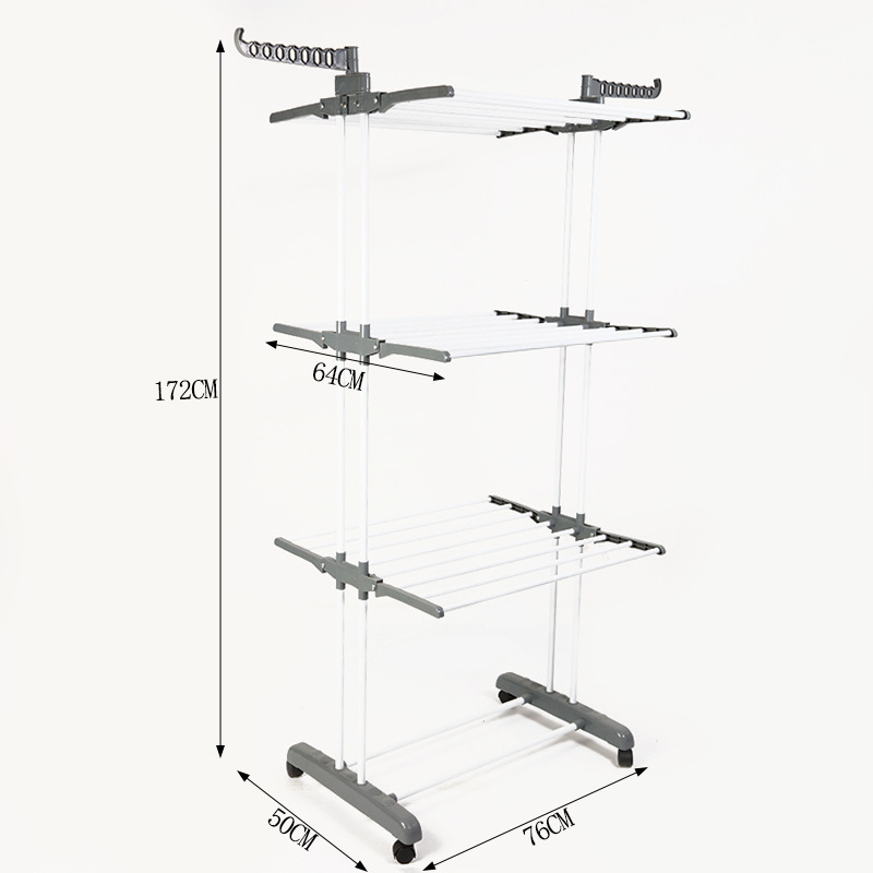 Perchero de ropa plegable de suelo de hierro pintado empujable/tirable, estante de toallas multifuncional de tres capas, perchero de balcón