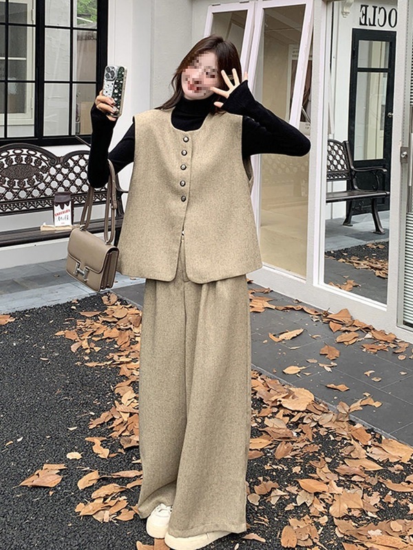 两件套裤套装女穿搭秋季感长小香风马甲休闲阔腿裤轻奢卡其色|undefined