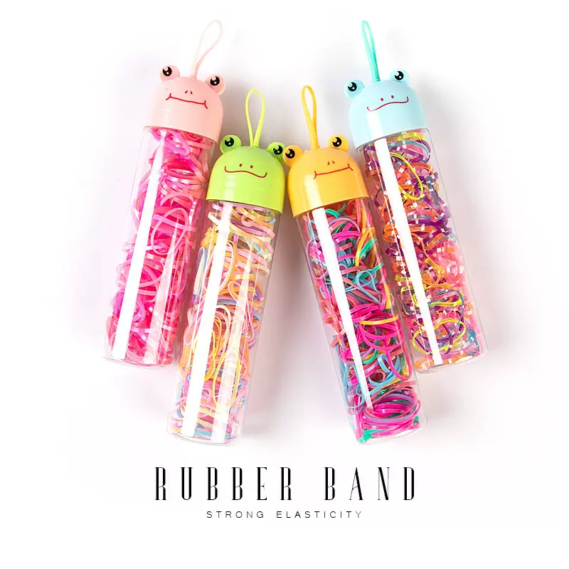 厂家直供一次性儿童皮筋发饰强拉不断彩色发圈青蛙瓶装橡皮筋发绳
