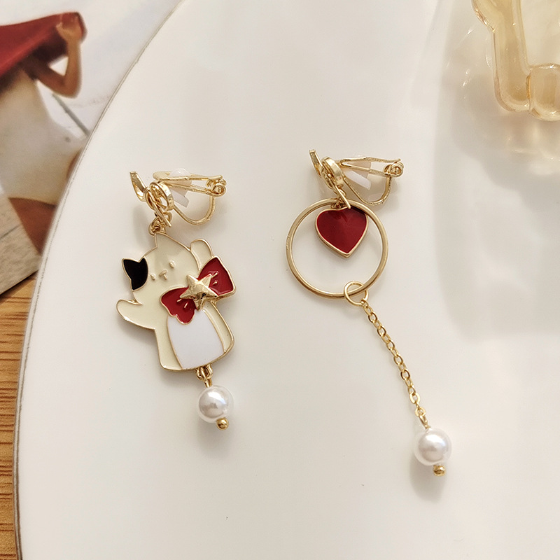 Fashion Heart Shape Cat Bow Knot Alloy Plating Artificial Pearls Women's Drop Earrings 1 Pair display picture 5