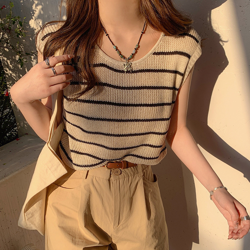 2025 Korean Style Commuter Knitted Stripesd Camisole Women's Summer Sleeveless T-Shirt Outer Wear Small Flying Sleeve Top