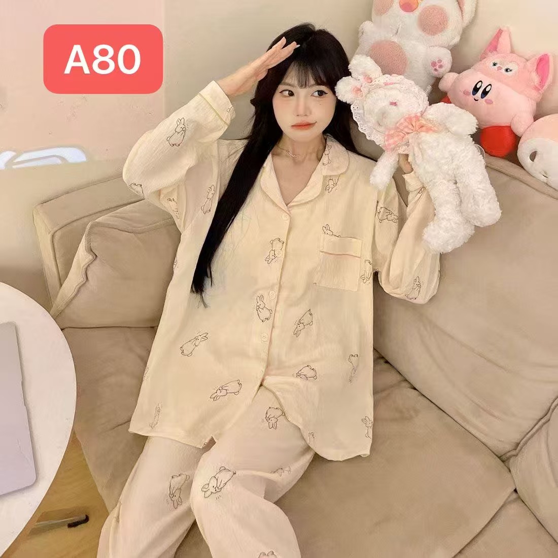 Algodón nublado al por mayor transfronterizo nuevo pijama de niña pantalones de manga larga delgados dulces dibujos animados impresión de ropa para el hogar set