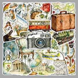 50张复古旅行少女贴纸小清新卡通手绘防水装饰咕卡手账行李箱贴纸