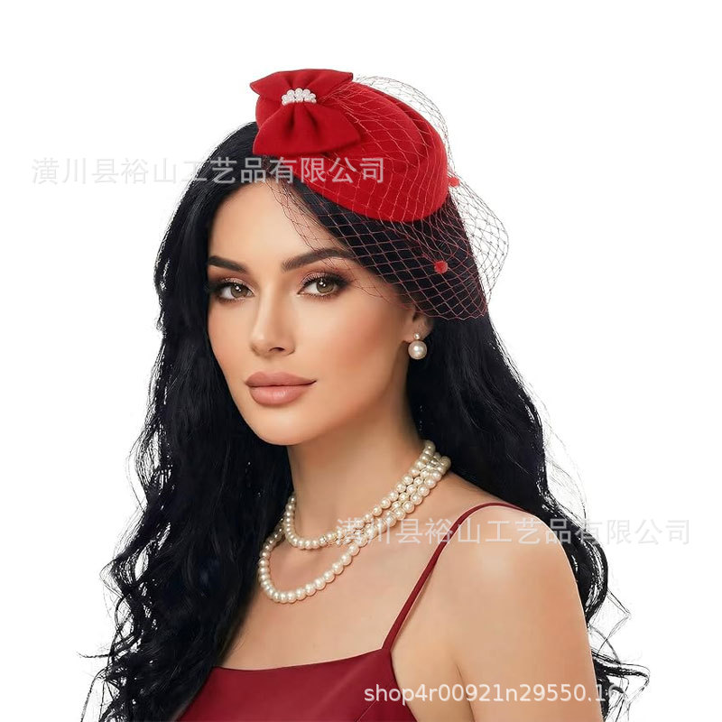 Cross-border bestseller: European and American pearl hair accessories, bow headwear, small top hats, vintage veils, feather hairpins, purely handmade