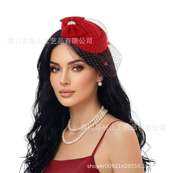 Cross-border bestseller: European and American pearl hair accessories, bow headwear, small top hats, vintage veils, feather hairpins, purely handmade
